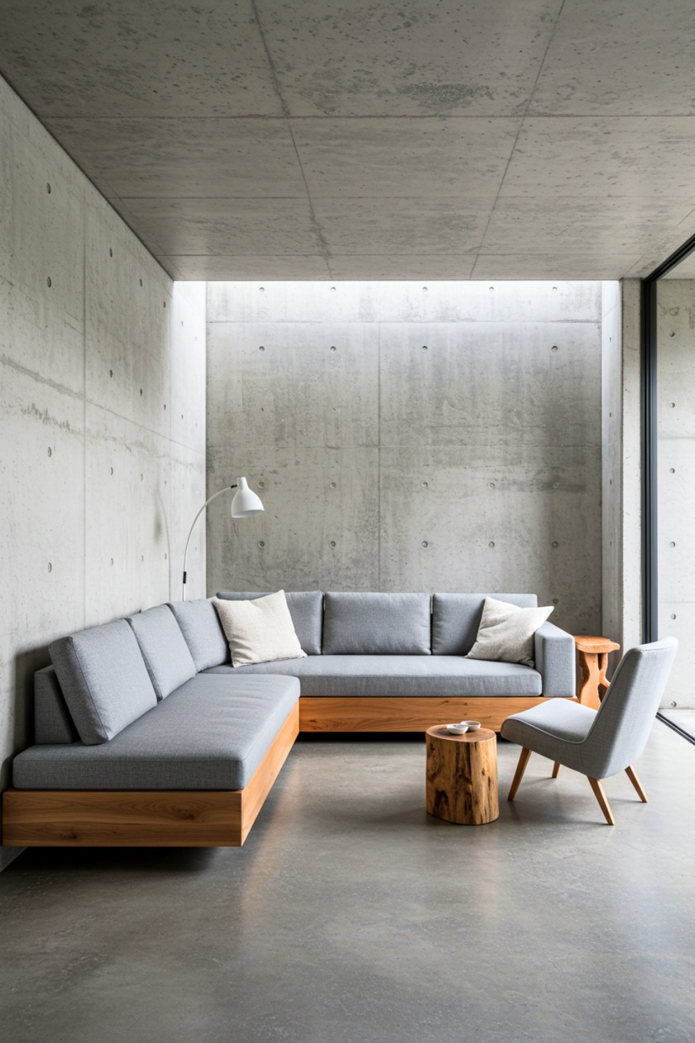 Minimalist Sunken Living Room With Concrete Walls And Floors 