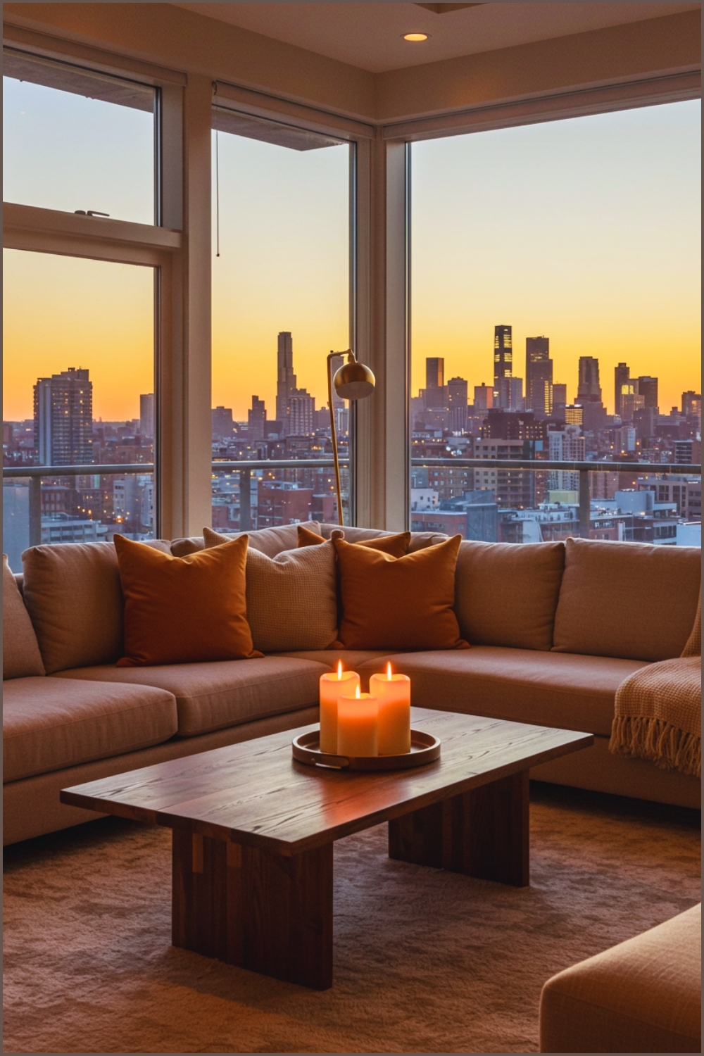 Modern Apartment Living Room With Large Windows Overlooking A City Skyline At Sunset