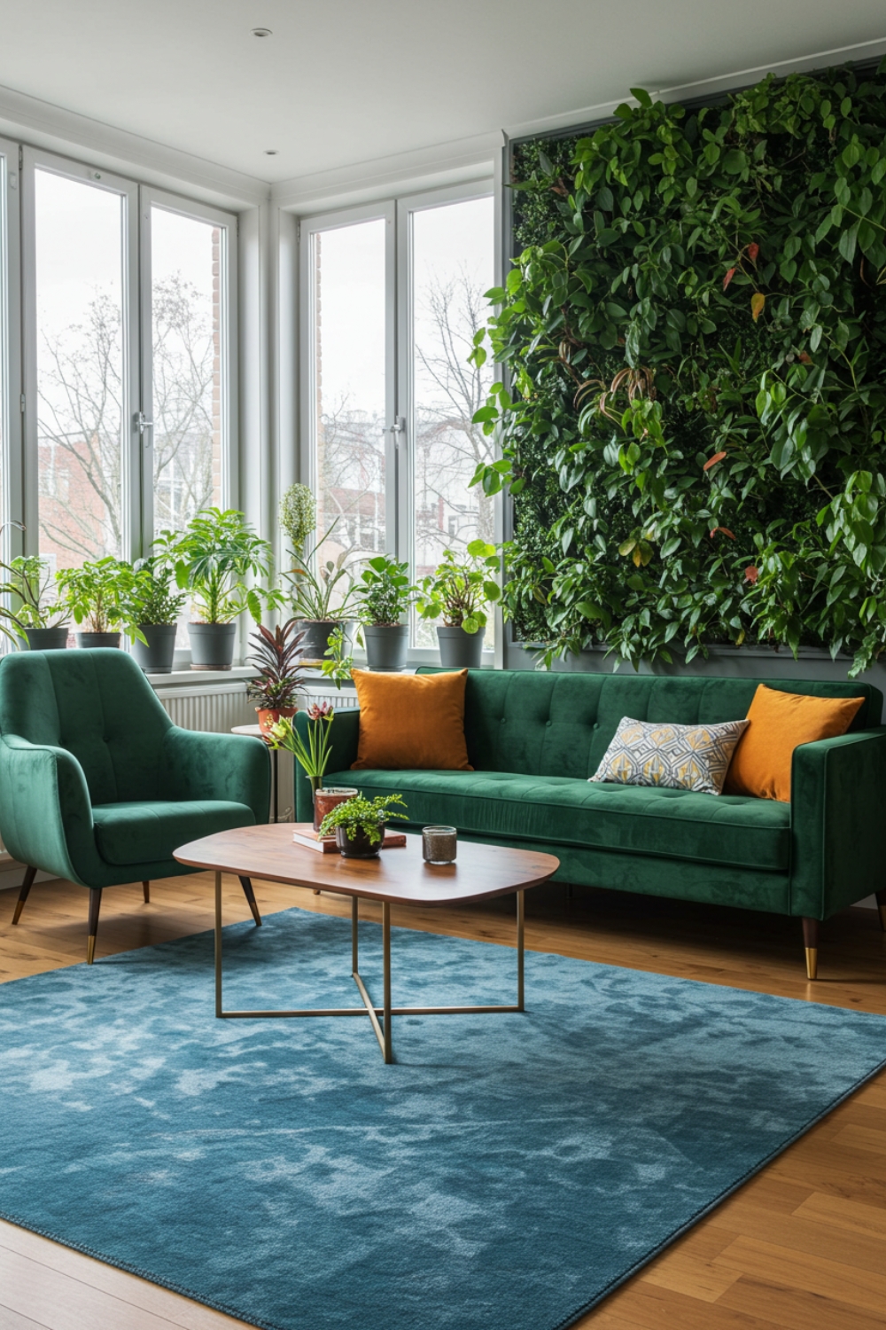 Biophilic Living Room With Green Velvet Sofa And Chair 