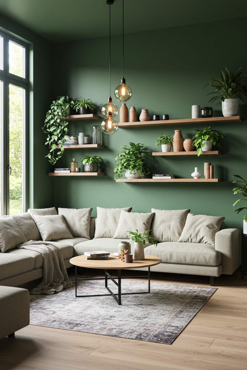 Modern Biophilic Living Room With Green Walls 