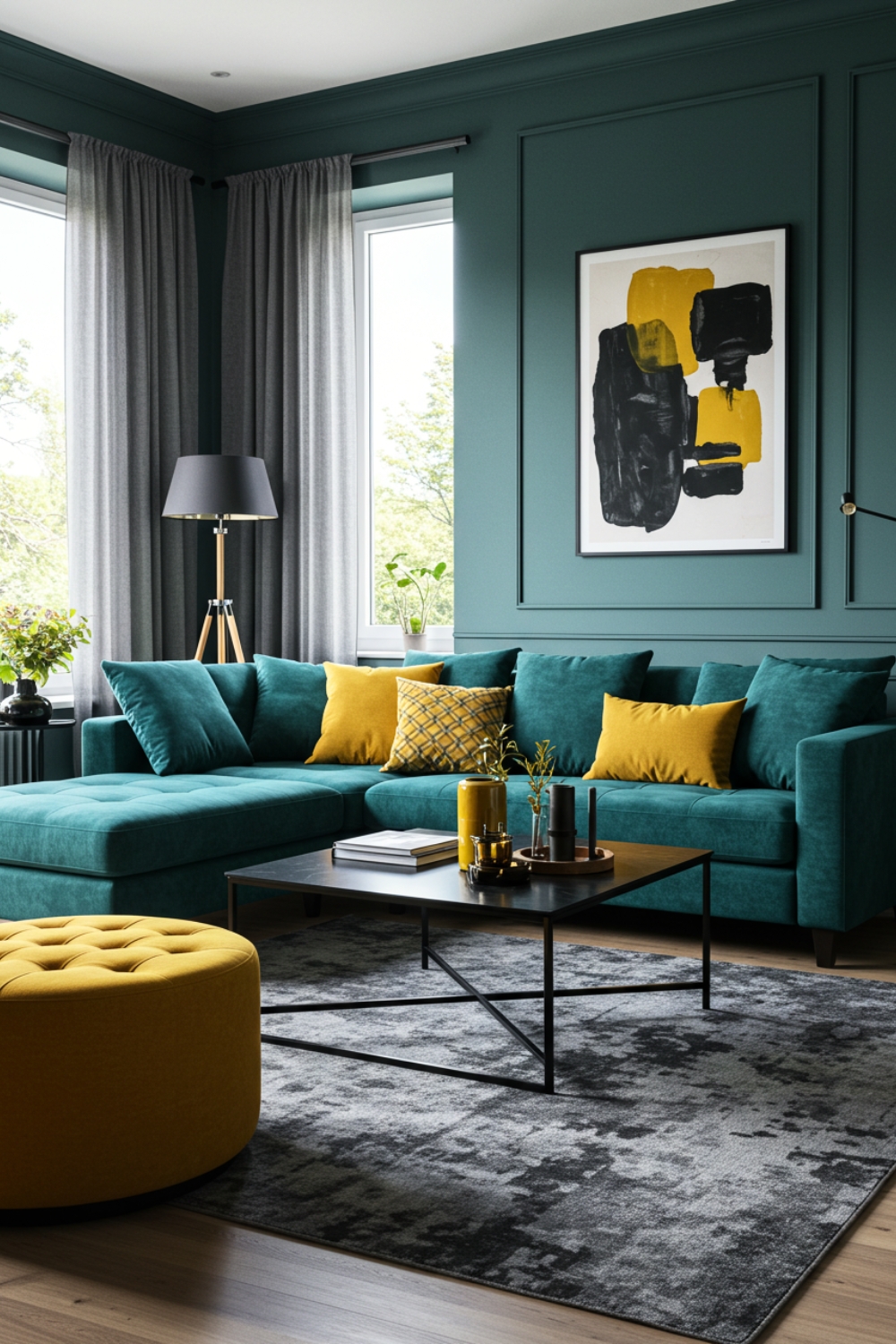Contemporary Living Room With Teal Sectional 