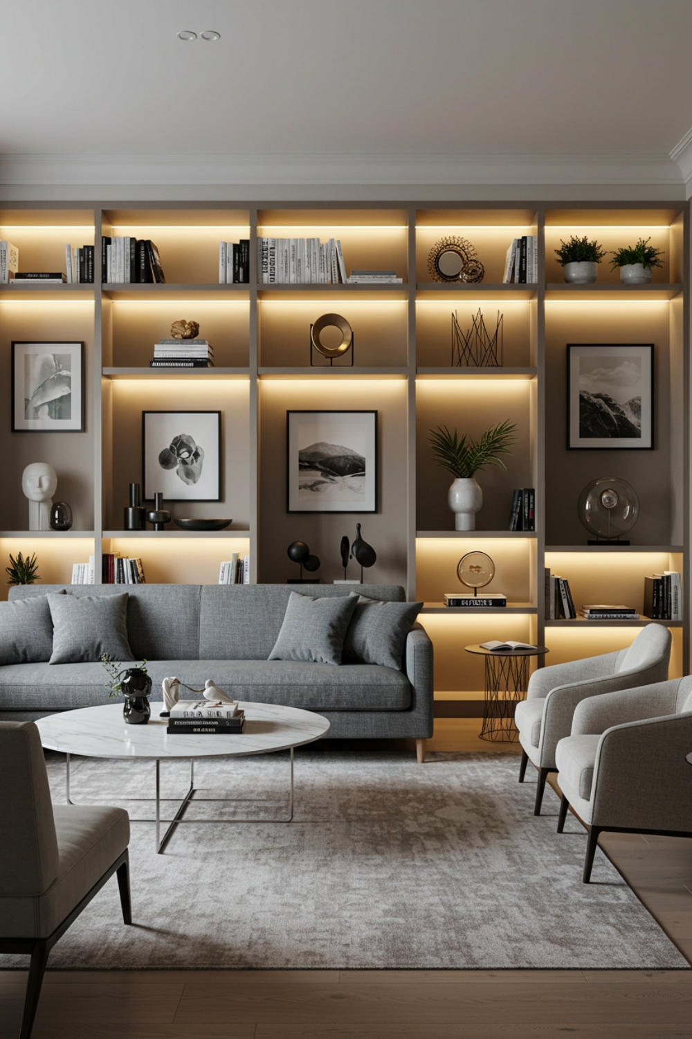 Contemporary Living Room With Tall Built-in Shelves 