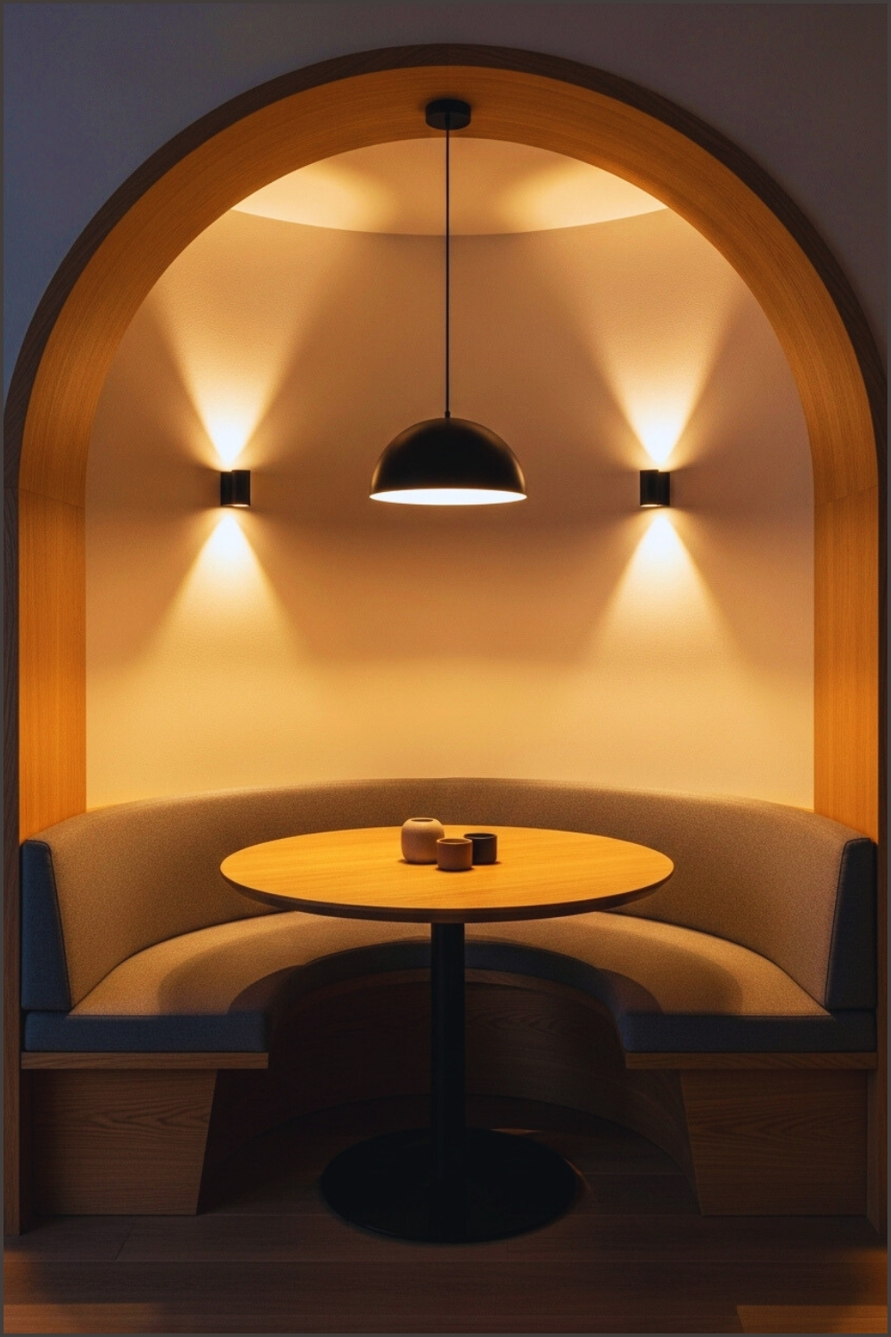 Modern Cozy Dining Nook Curved Built In Sofa Upholstered In Soft Gray Fabric