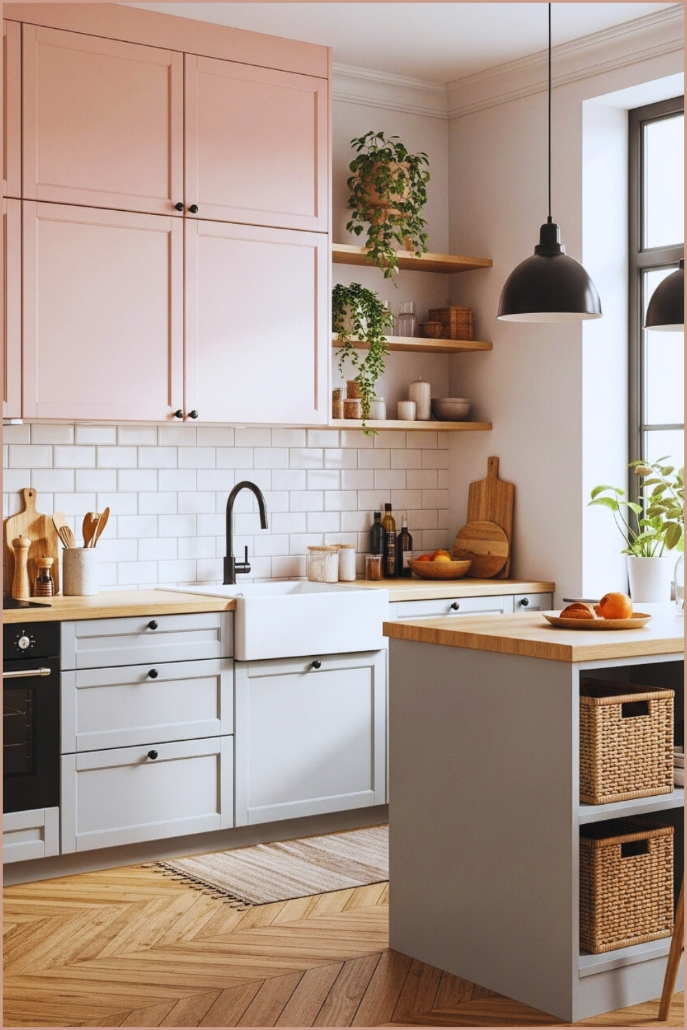 Modern Cozy Kitchen Interior Soft Blush Pink Cabinets Light Gray Lower