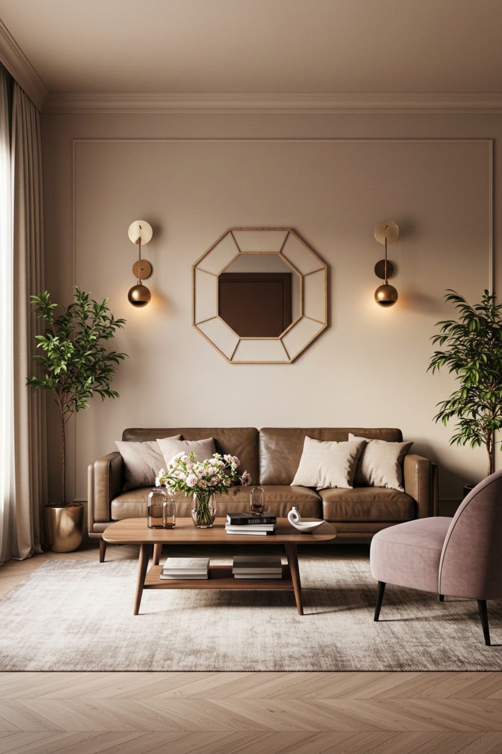 Modern Cozy Living Room Interior With Warm Beige Walls Sleek Dark Brown