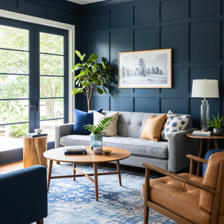 Modern Cozy Living Room With A Deep Navy Blue Paneled Accent Wall