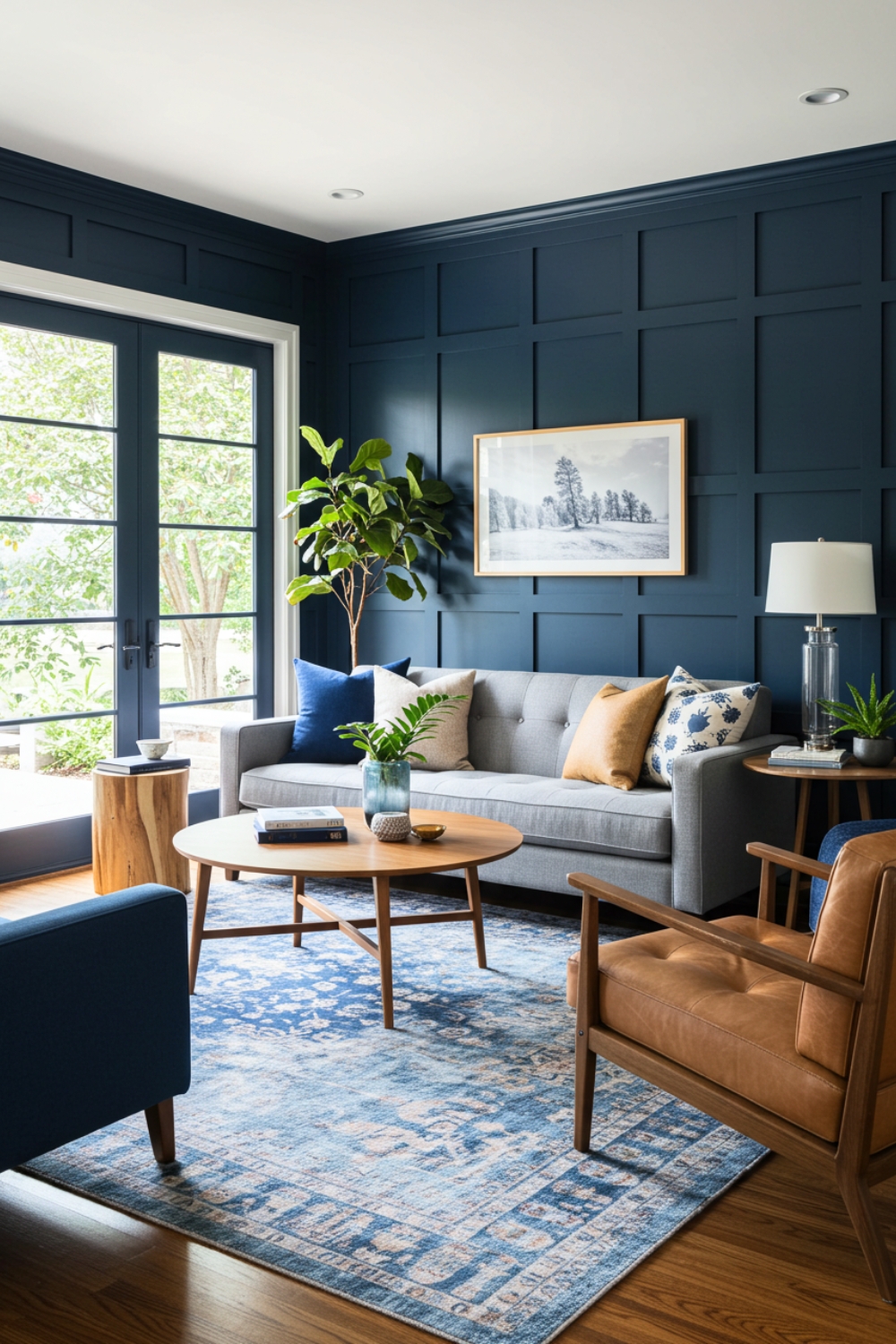 Modern Cozy Living Room With A Deep Navy Blue Paneled Accent Wall