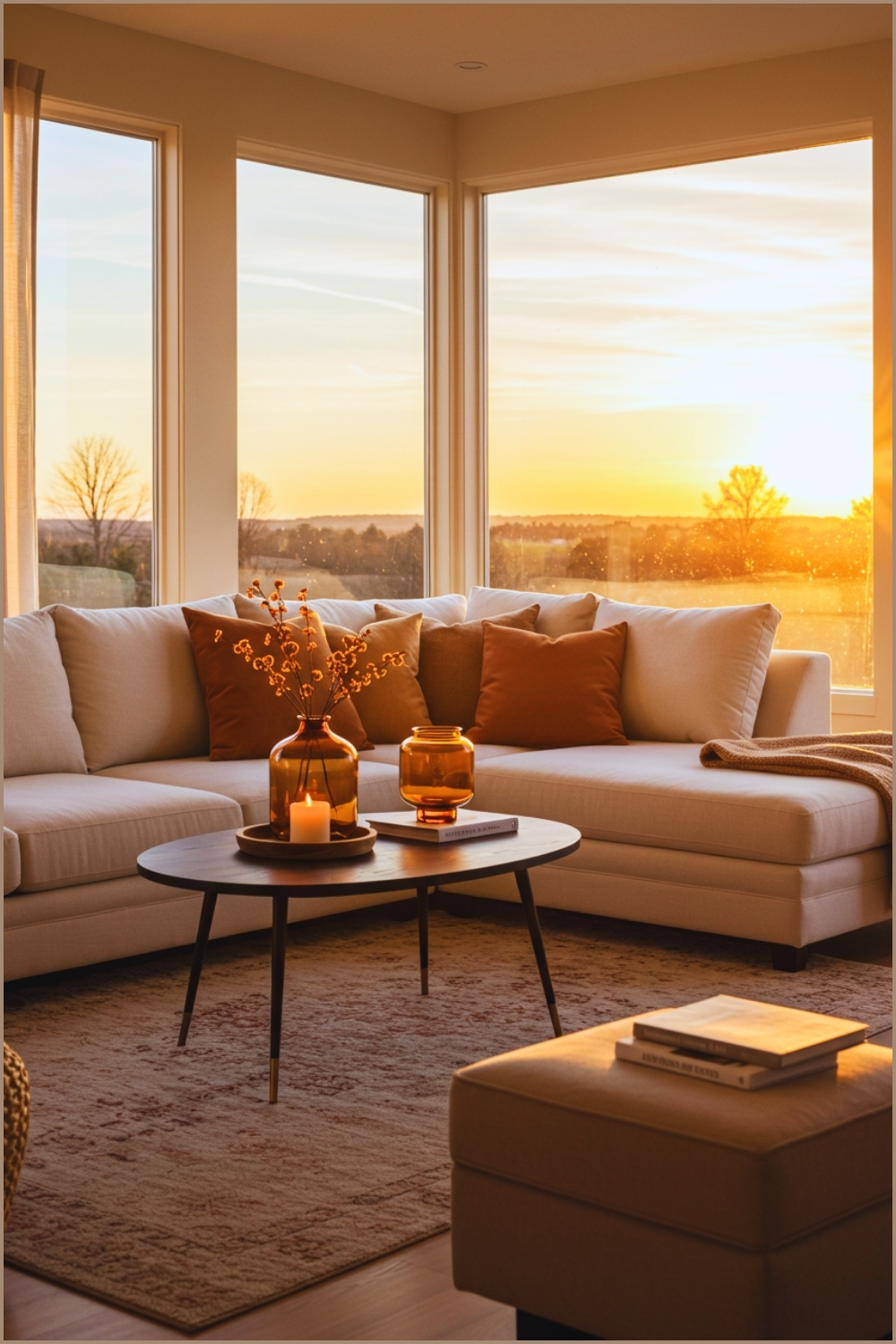 Modern Cozy Living Room With A White Sectional Sofa, Warm Brown And Orange Pillows