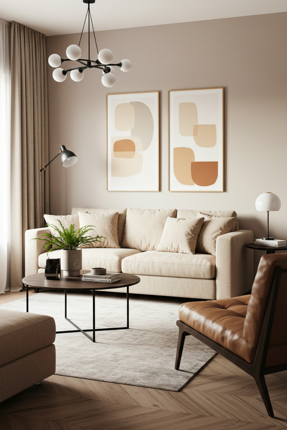Cozy Living Room With Beige Sofa And Neutral Art 