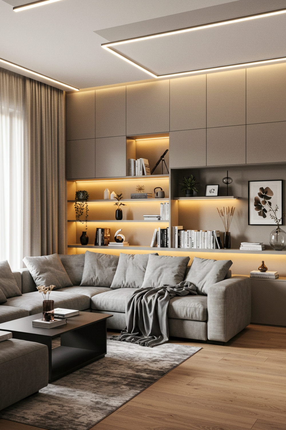 Modern Cozy Living Room With Built In Shelving And Warm Led Lighting