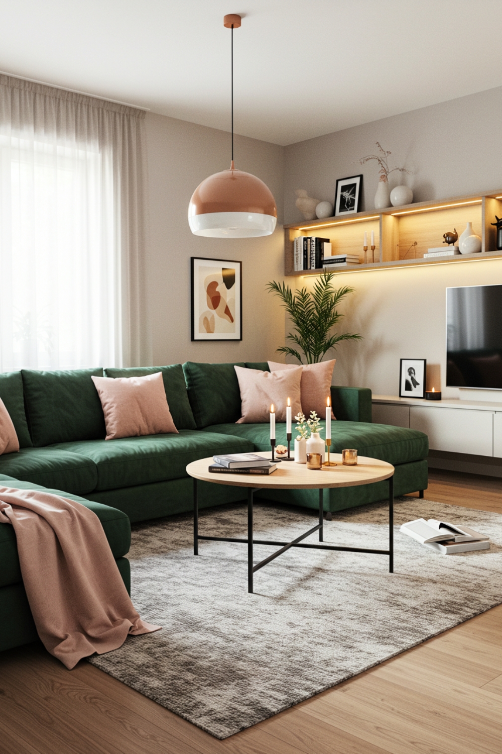 Modern Living Room With Green Velvet Sectional And Blush Pillows 