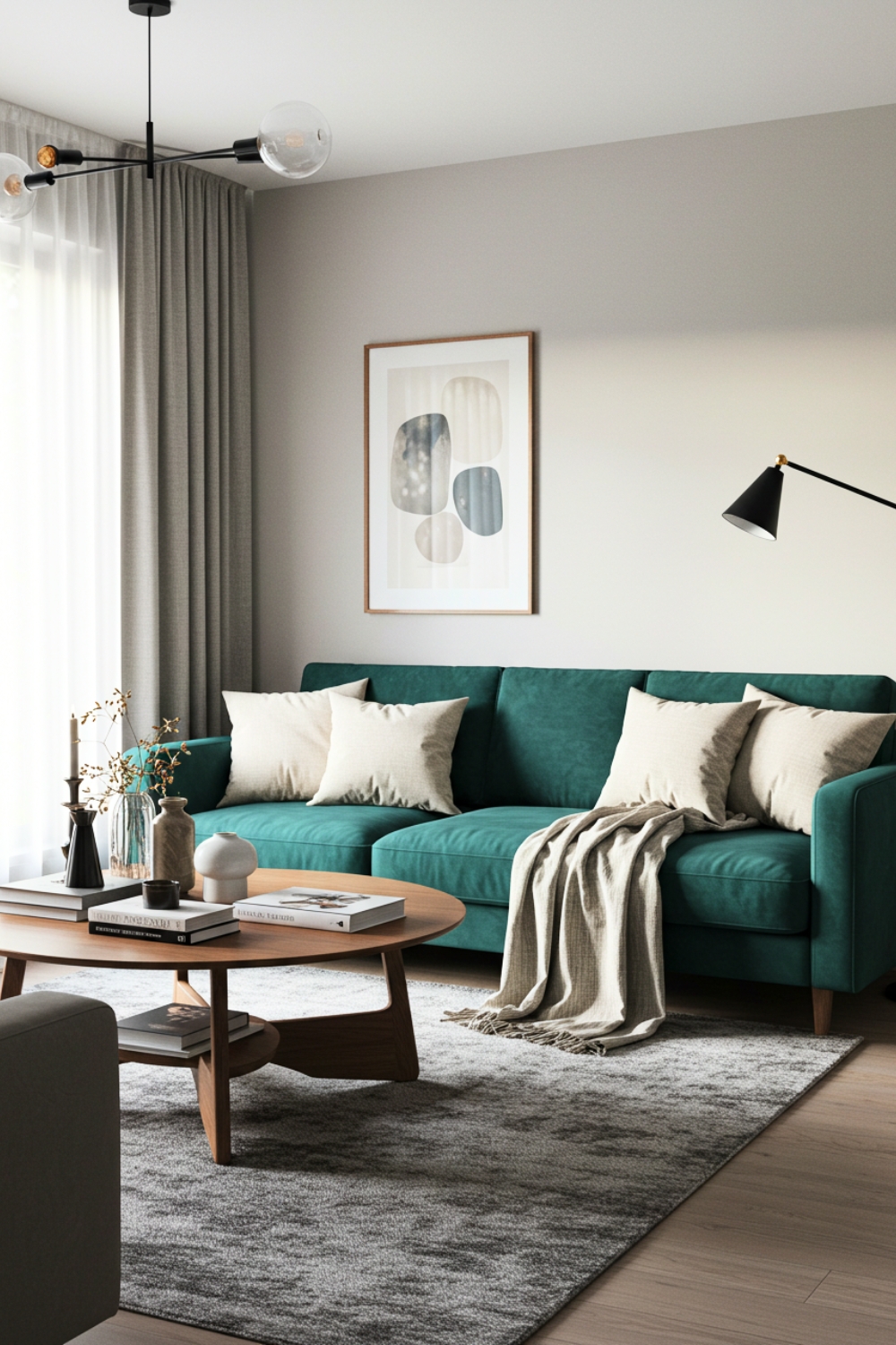 Cozy Living Room With Teal Velvet Sofa And Neutral Pillows 
