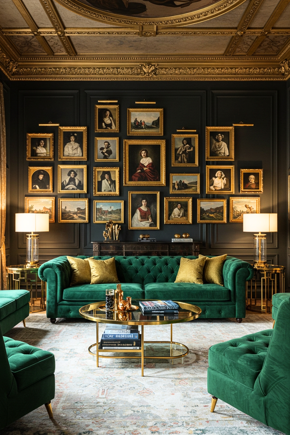 Vintage Living Room With Emerald Green Velvet Sofas 
