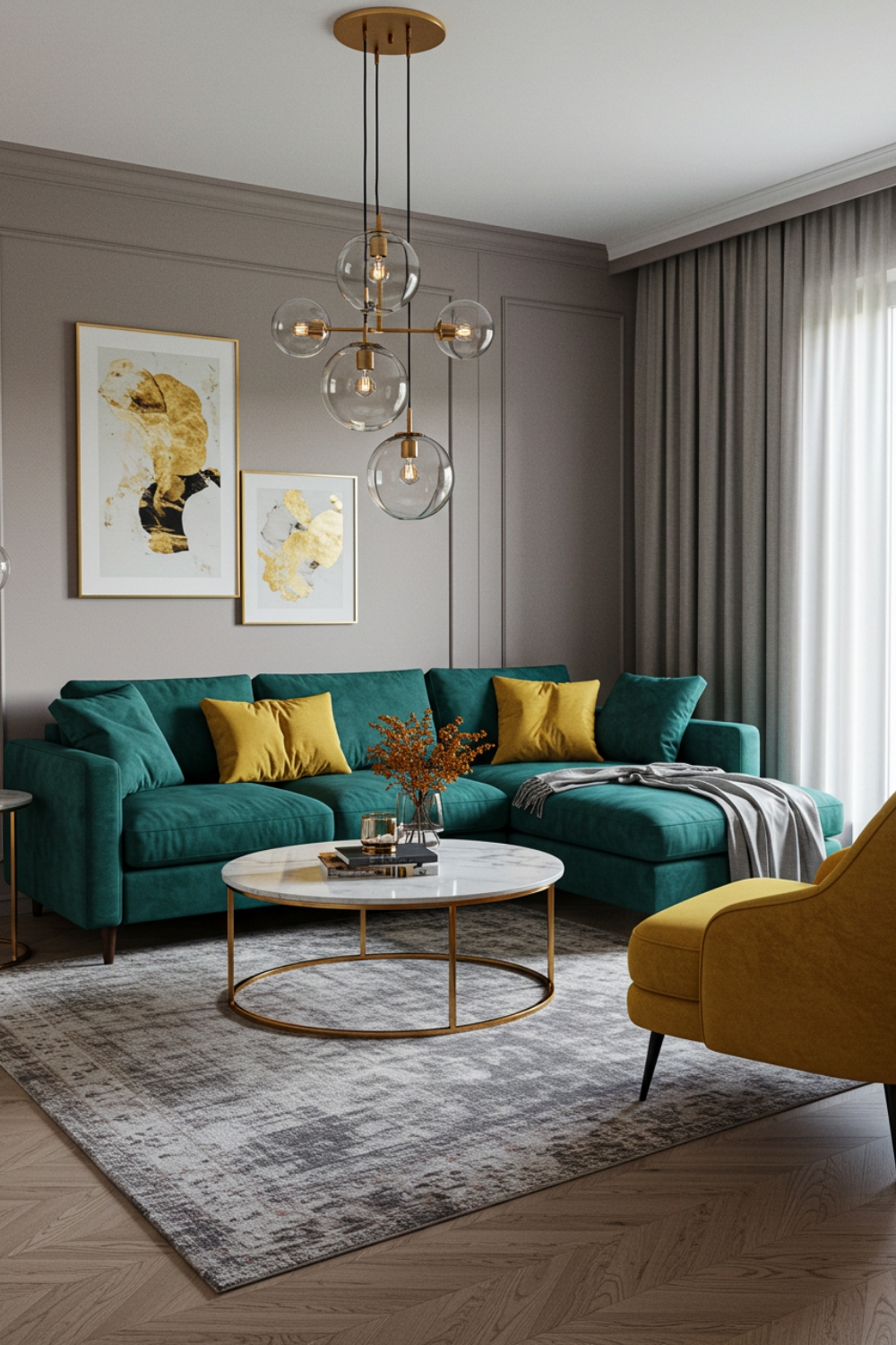 Cozy Living Room With Teal Sectional Sofa And Yellow Chair