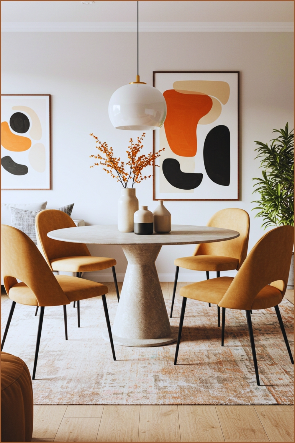 Modern Dining Space With A Round Pedestal Dining Table In A Matte Stone Finish