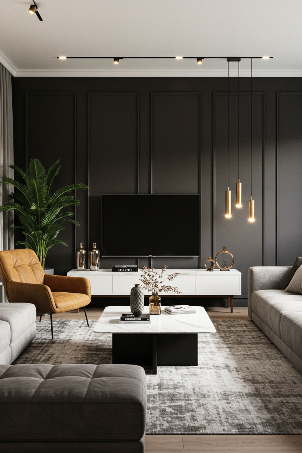 Elegant Living Room With Dark Wall And White Console 