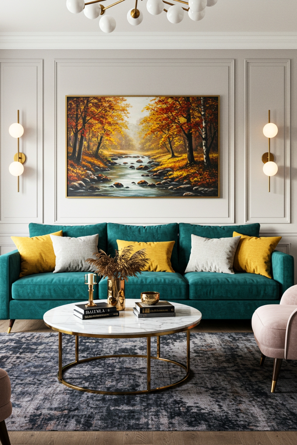 Elegant Living Room With Teal Velvet Sofa And Colorful Pillows 