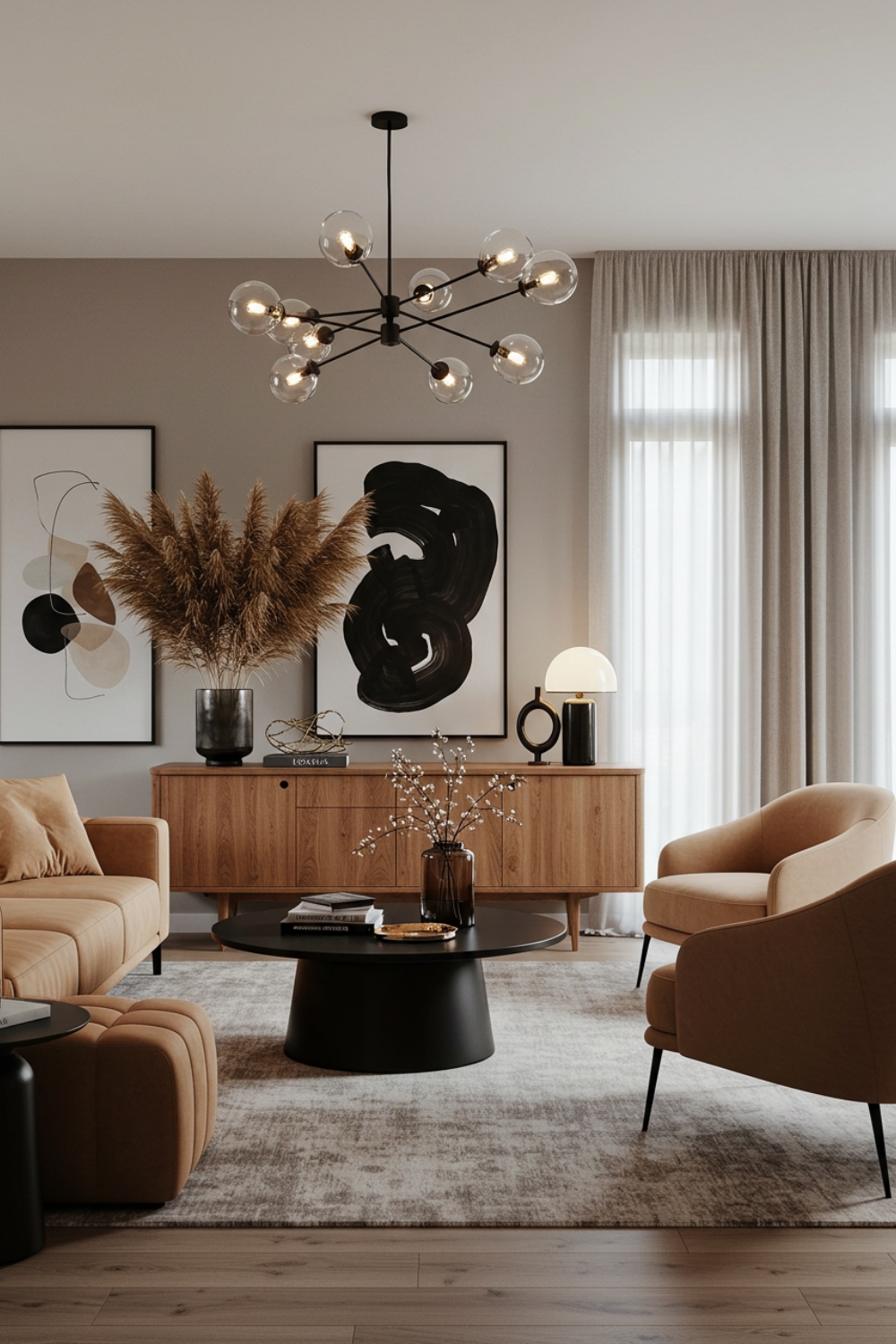 Elegant Living Room With Tan Velvet Sofa And Black Coffee Table 