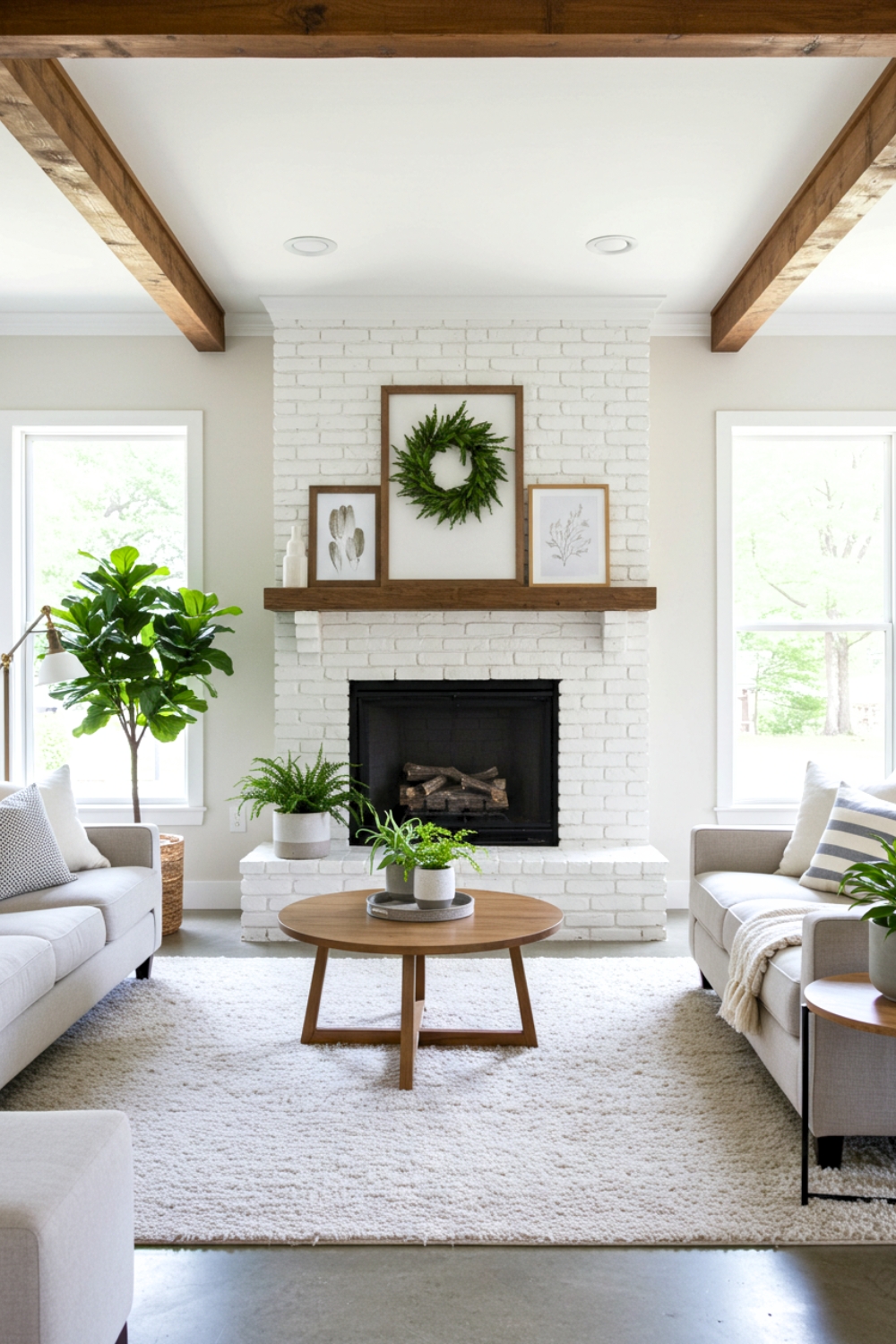 Modern Farmhouse Living Room With Light Brick Fireplace