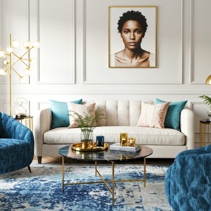 Modern Glam Living Room With Elegant Cream Sofa Luxurious Blue Faux