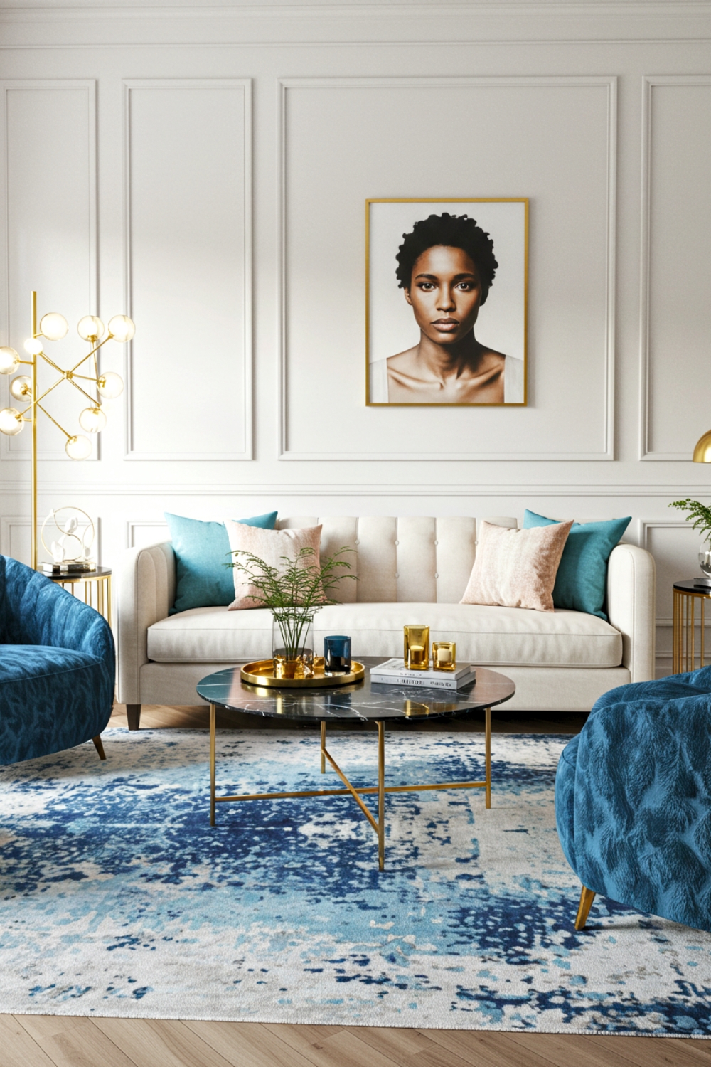 Modern Glam Living Room With Elegant Cream Sofa Luxurious Blue Faux