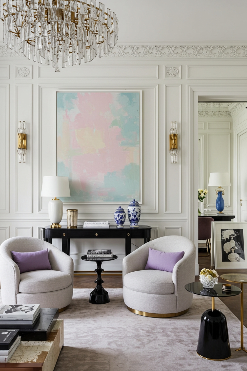 Parisian Living Room With White Walls And Crown Molding 