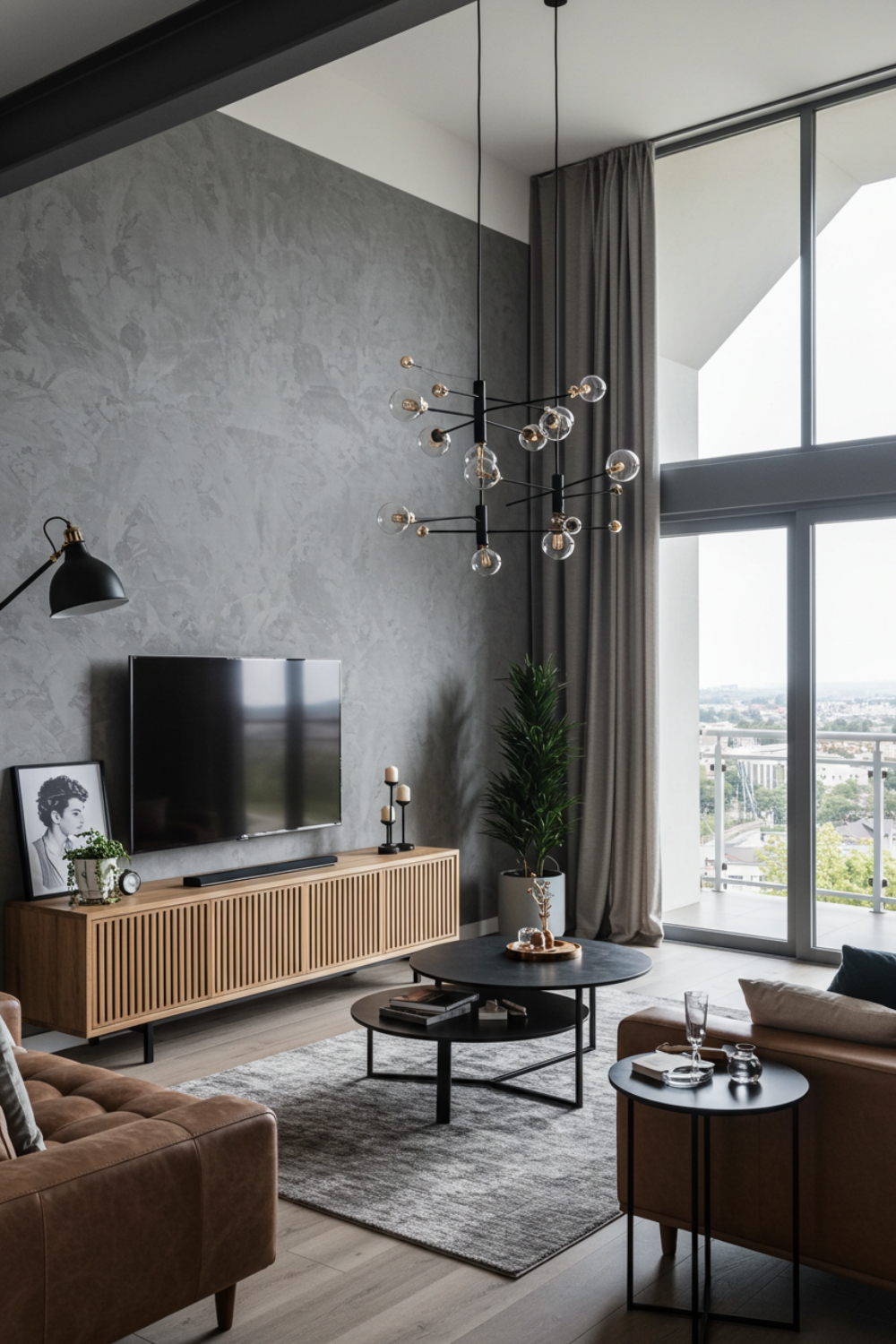 Industrial Living Room With High Ceiling And Big Windows 