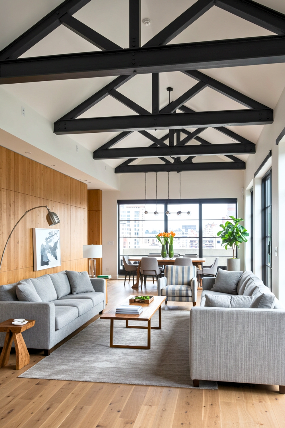 Modern Industrial Living Room With High Ceiling And Black Steel 