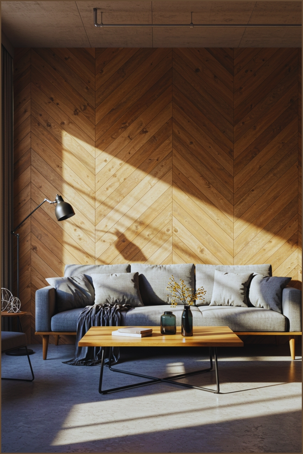 Modern Industrial Living Room With Striking Chevron Wooden Accent