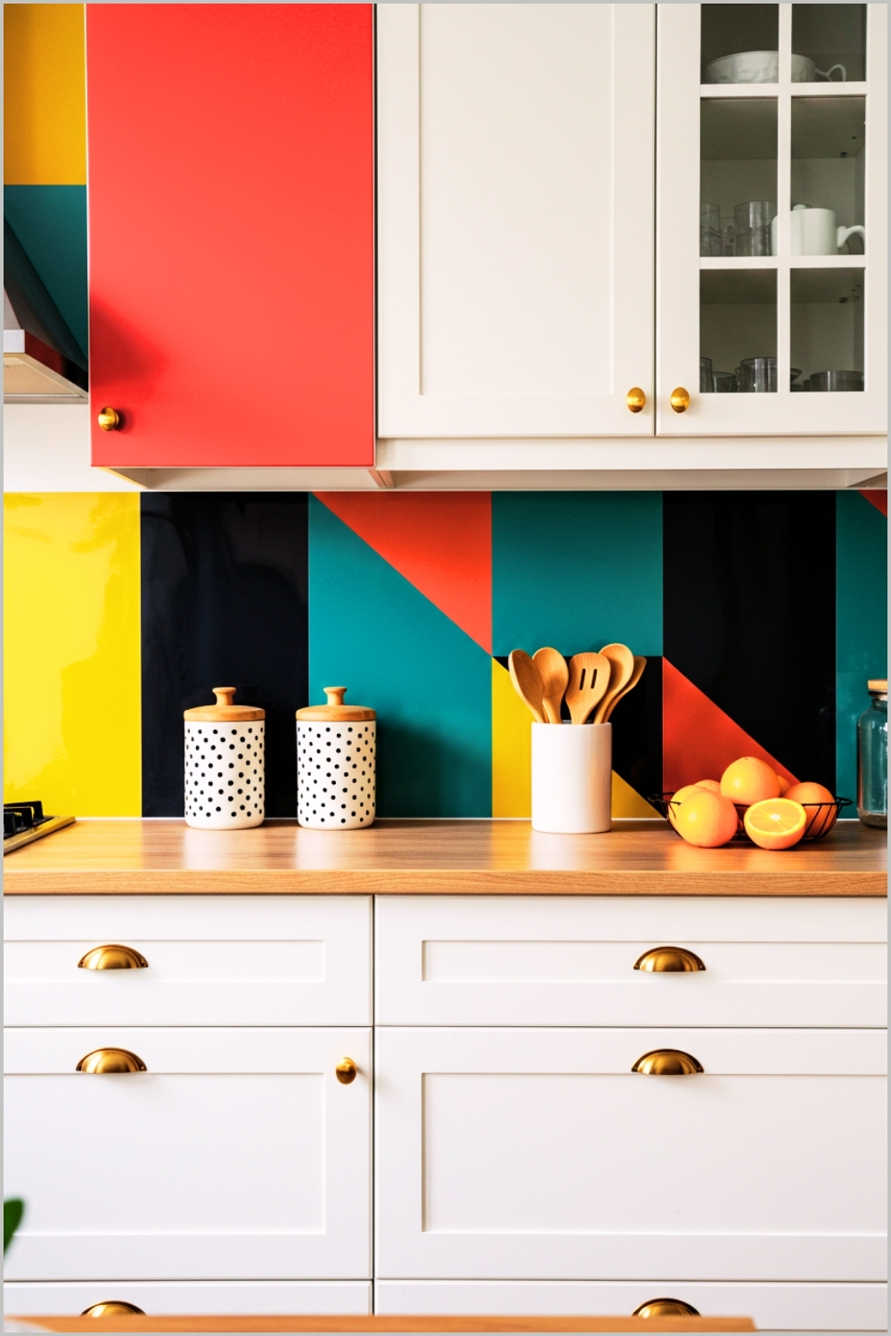 Modern Kitchen Interior With Bold Geometric Backsplash Featuring Vibrant
