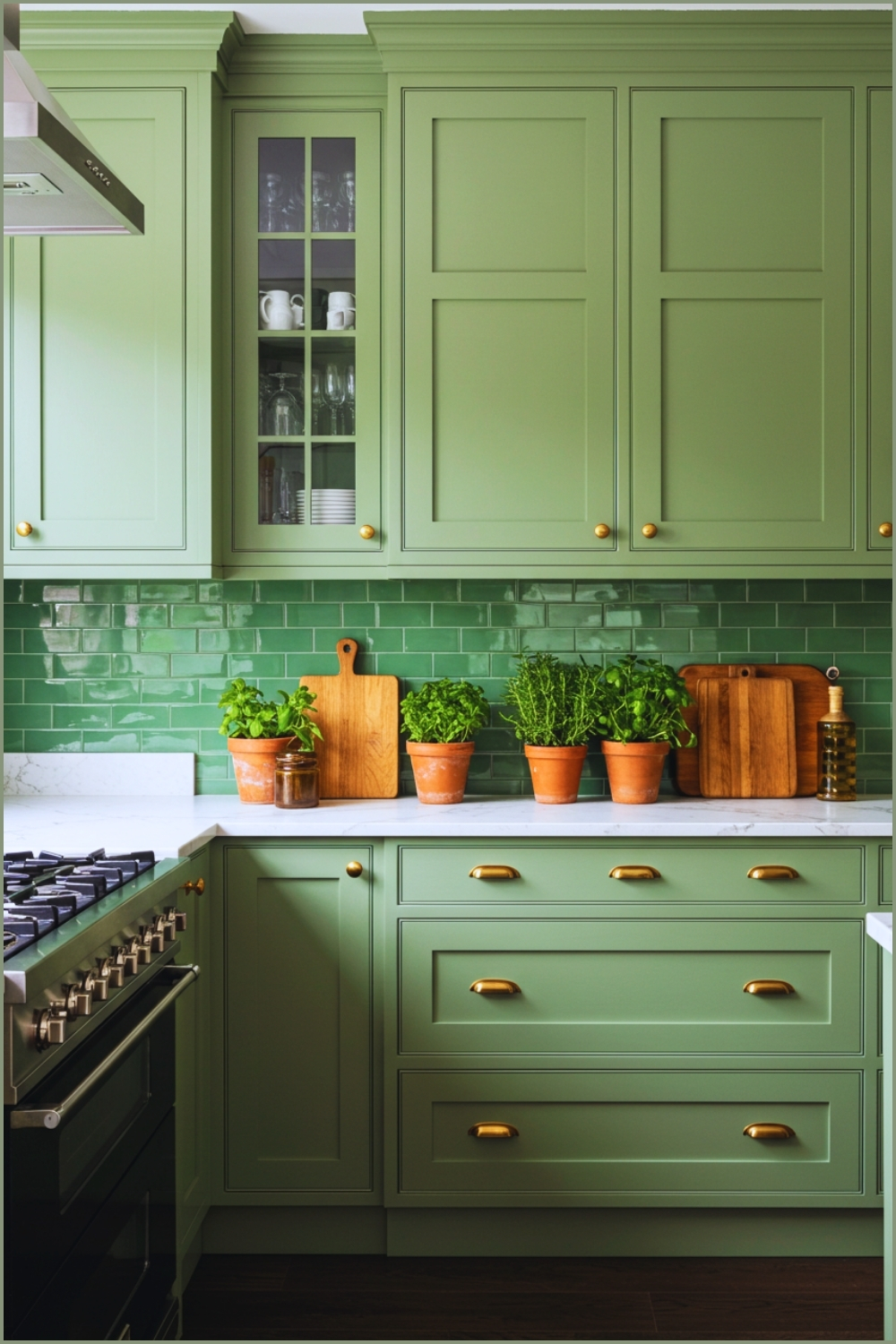 Modern Kitchen Interior With Sage Green Cabinets Brass Handles And Hardware
