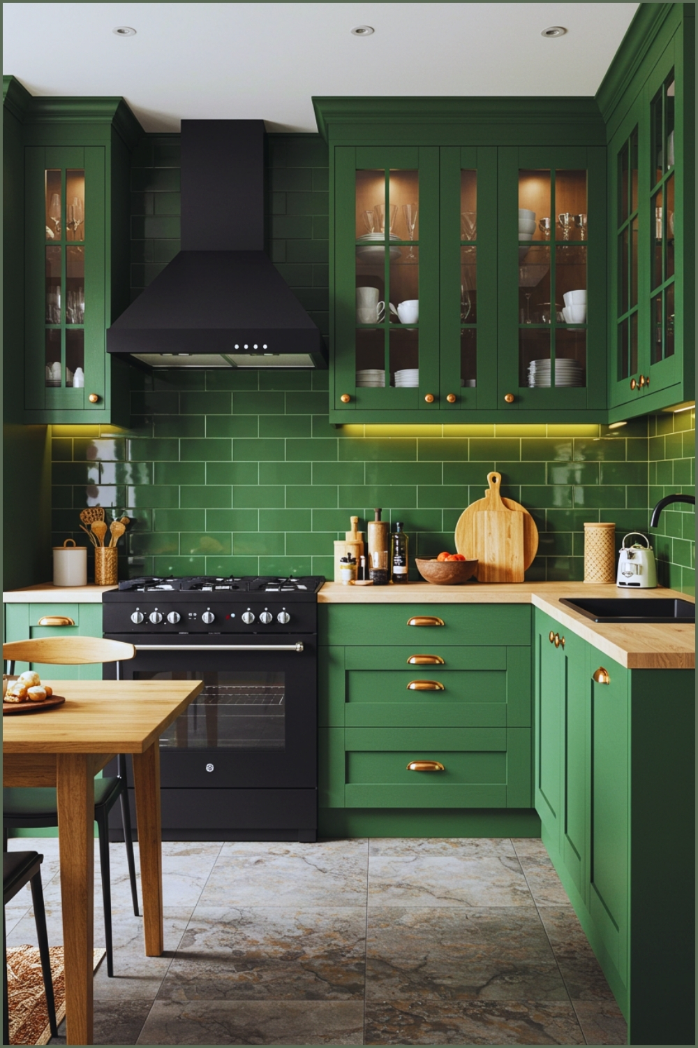 Modern Kitchen With Matte Green Cabinets Black Hardware Glossy Green