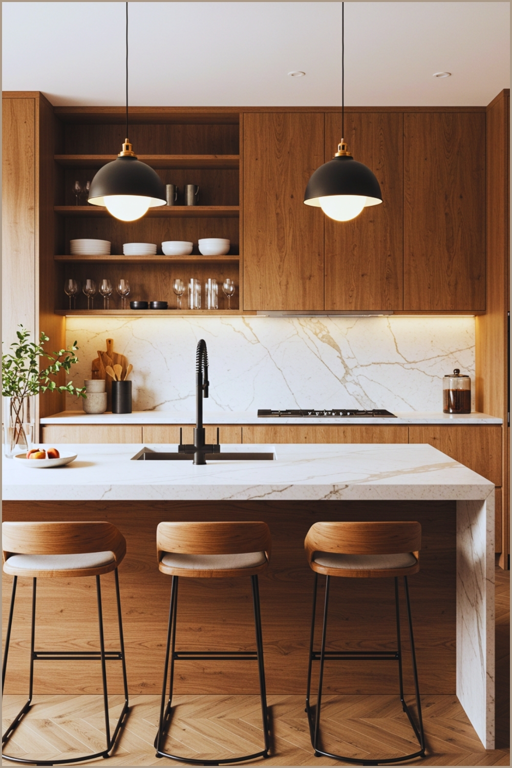 Modern Kitchen With Warm Wooden Open Shelves Displaying White
