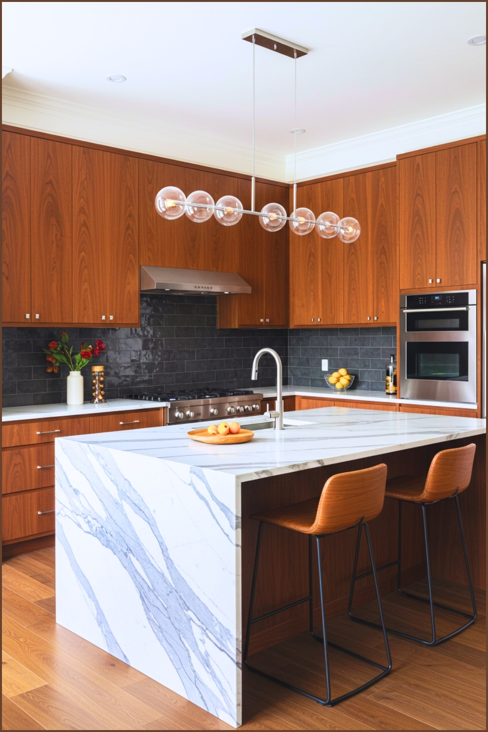 Modern Kitchen With White Marble Waterfall Island Featuring Bold Gray Veining