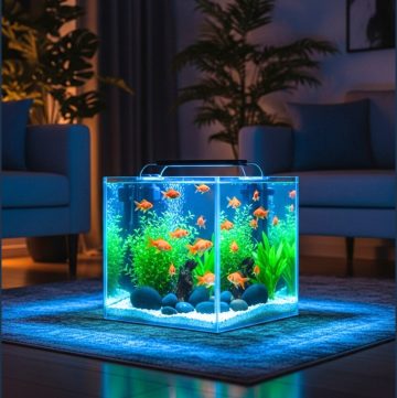 Modern Living Room At Night With A Glowing Square Aquarium