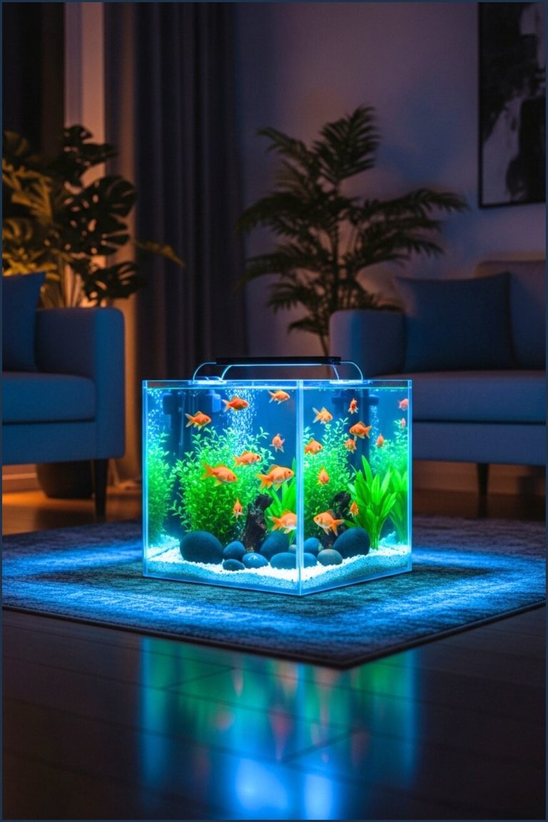Modern Living Room At Night With A Glowing Square Aquarium