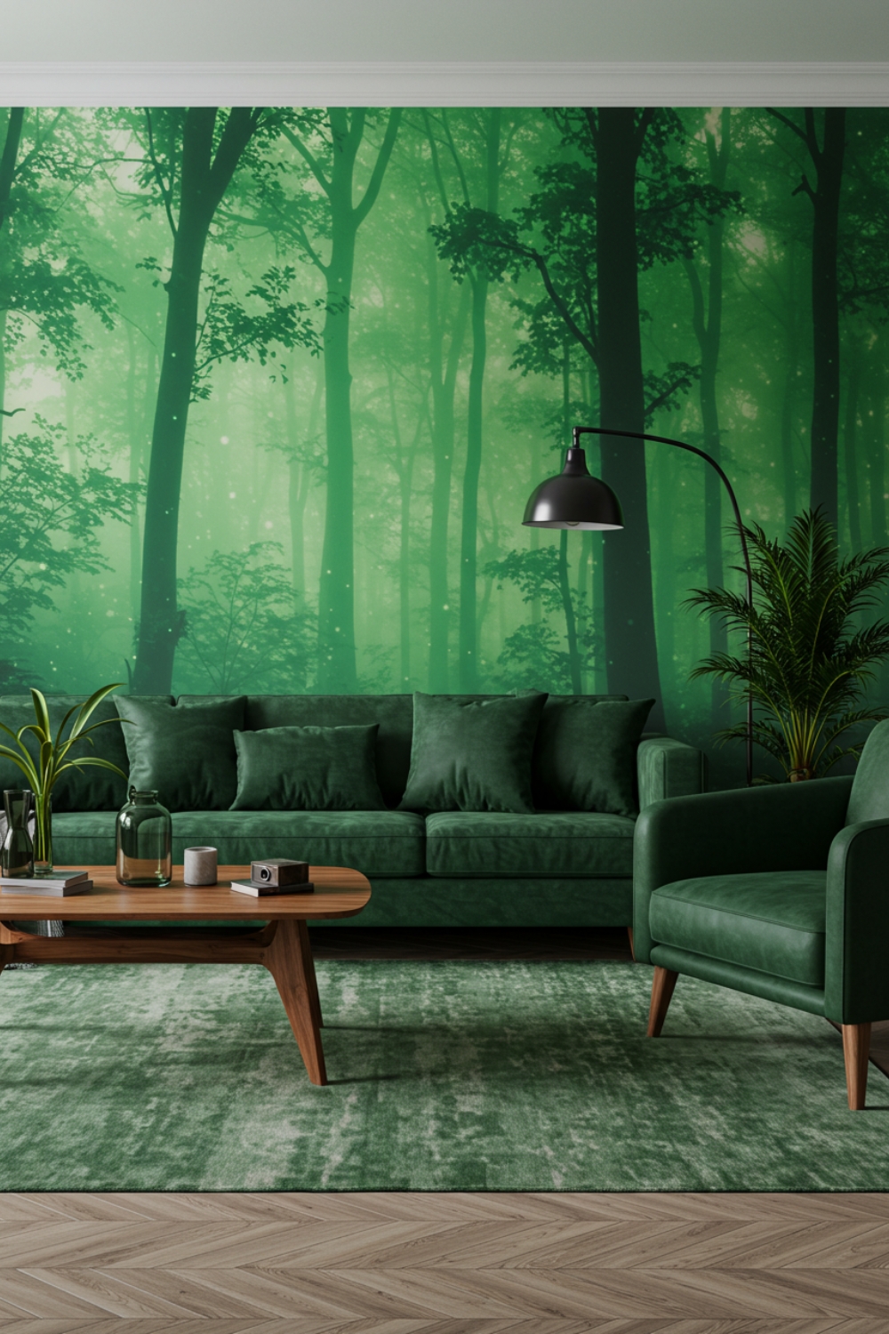 Living Room With Green Velvet Sofa And Leather Armchair 