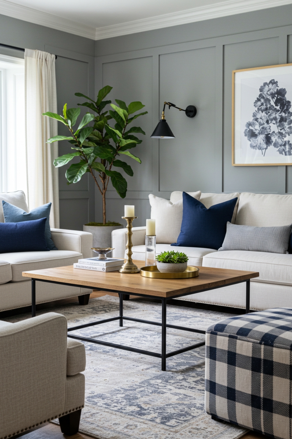 Modern Living Room With Gray Walls And White Trim 