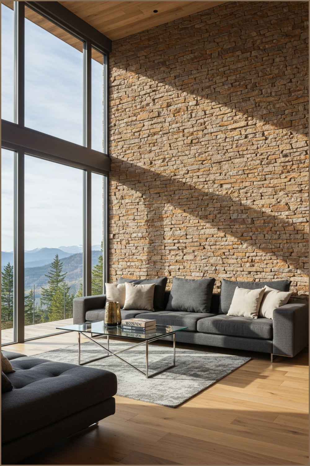 Modern Living Room With Tall Stone Accent Wall Natural Stacked