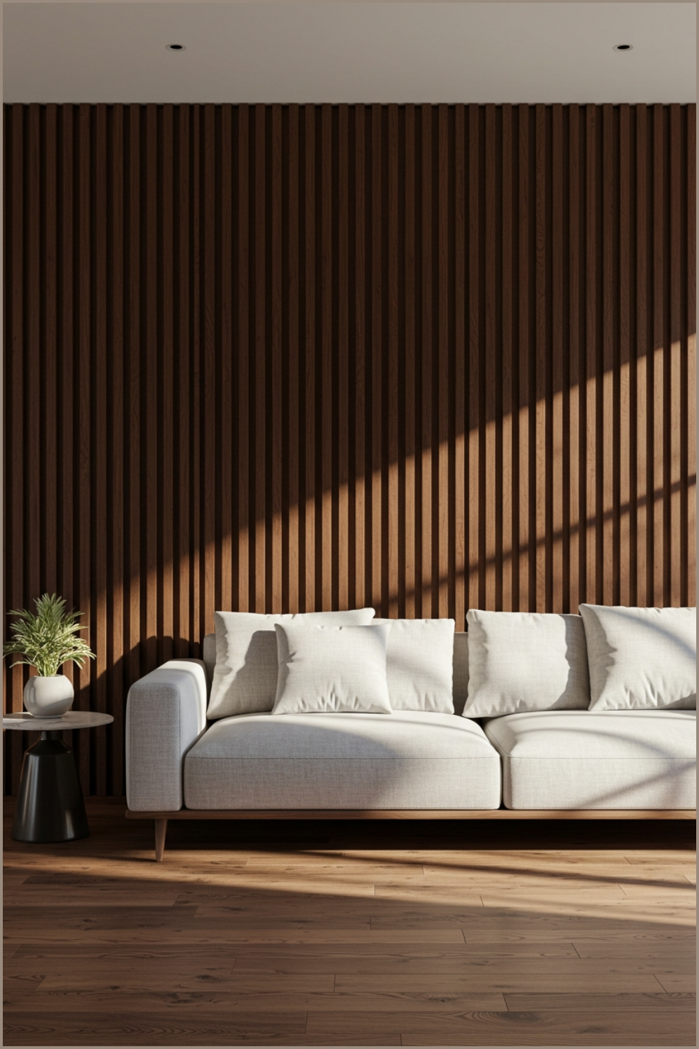 Modern Living Room With Vertical Wooden Slat Accent Wall
