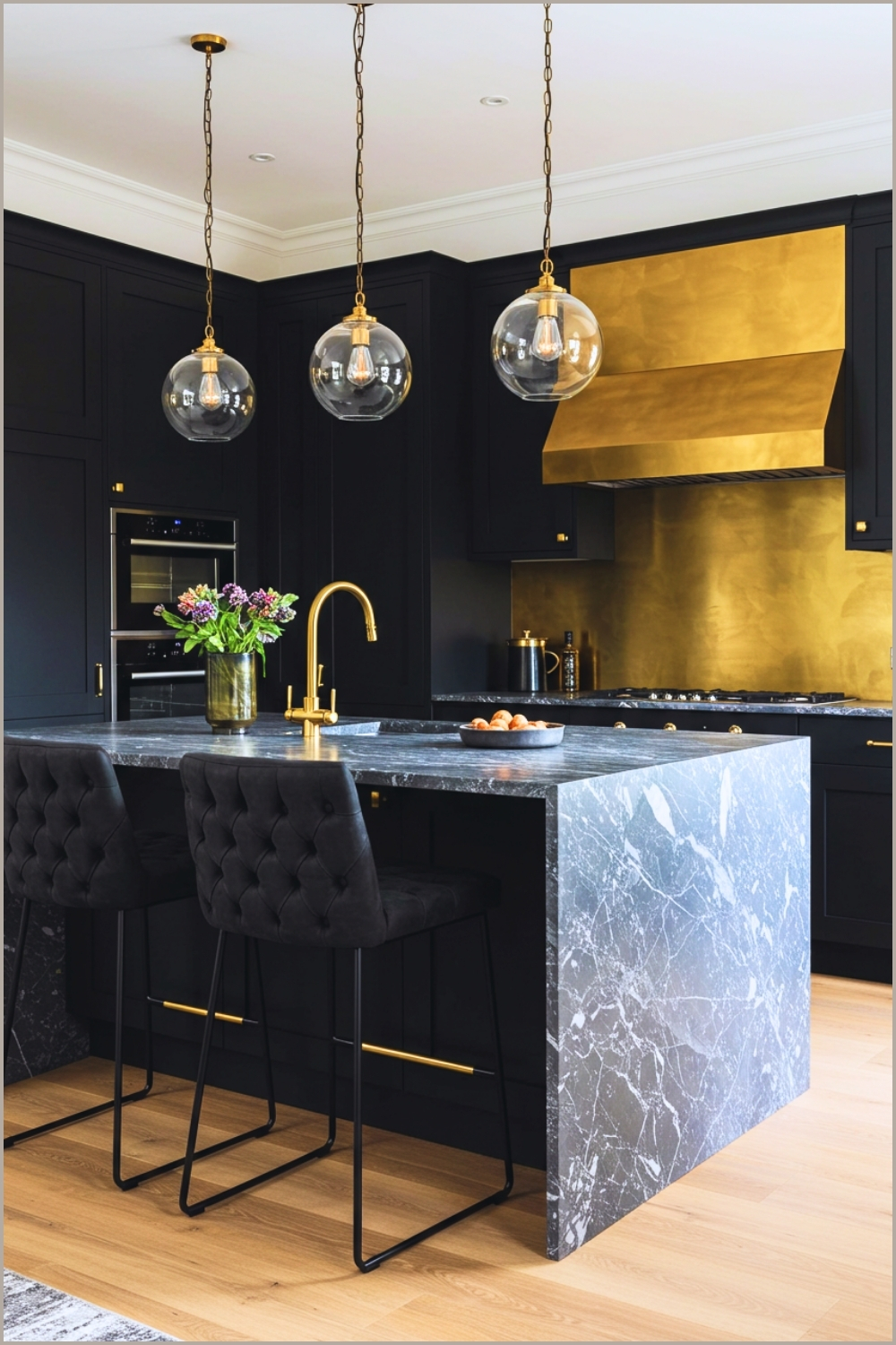 Modern Luxury Kitchen With Matte Black Cabinets Large Marble Waterfall Island