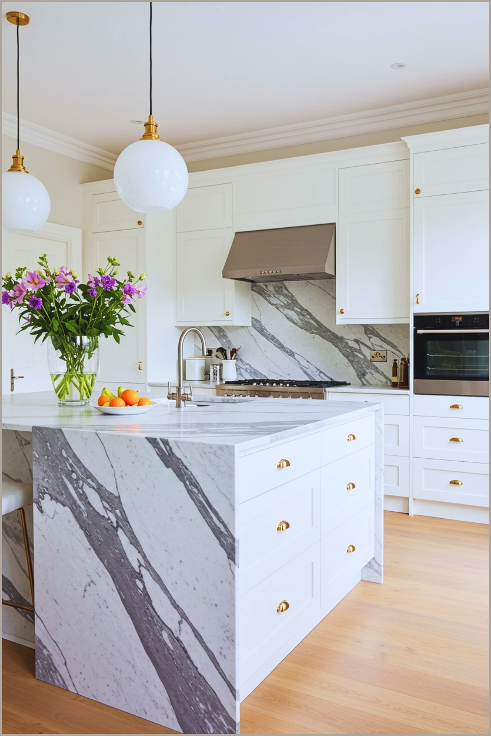 Modern Luxury Kitchen With Sleek White Handleless Cabinets Large Marble