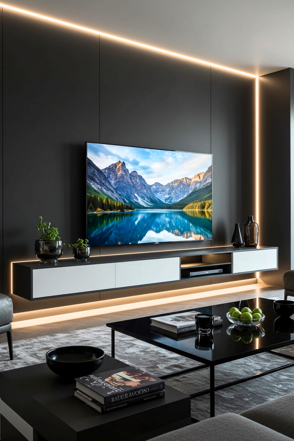 Luxury Living Room With Dark Gray Walls And Led Lights 