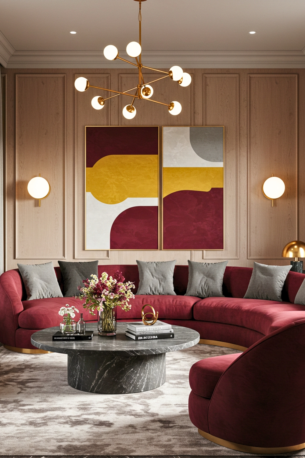 Modern Living Room With Geometric Design And Burgundy Sofa 