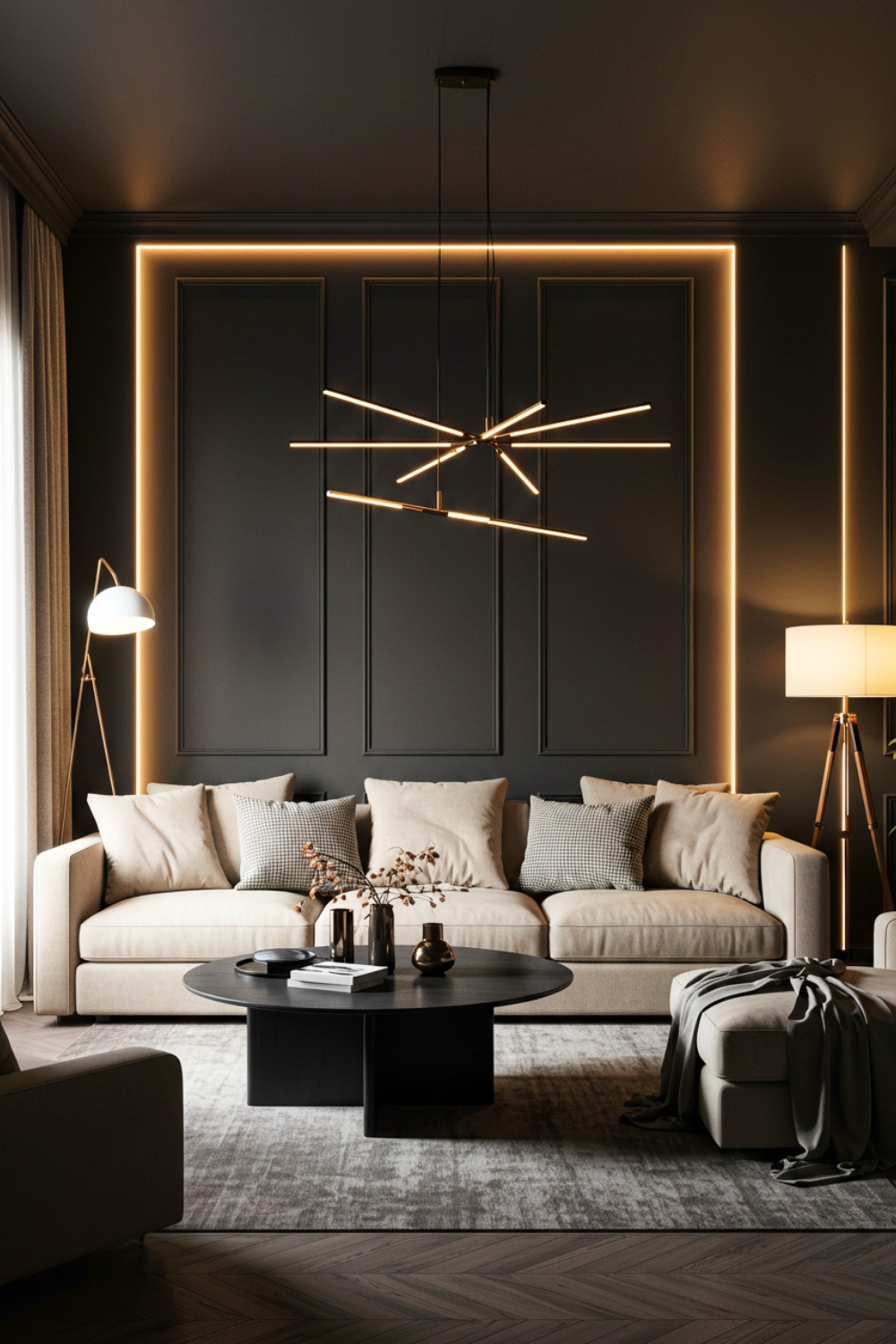 Luxury Living Room With Dark Paneled Walls And Led Lighting 