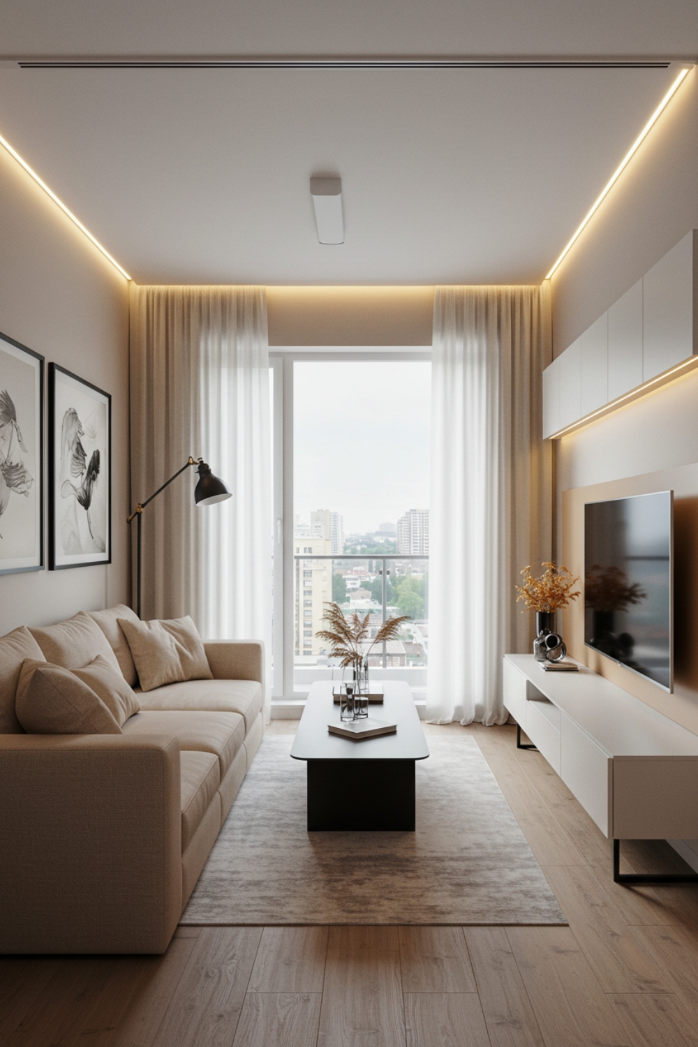Minimalist Apartment Living Room With Floor To Ceiling Windows