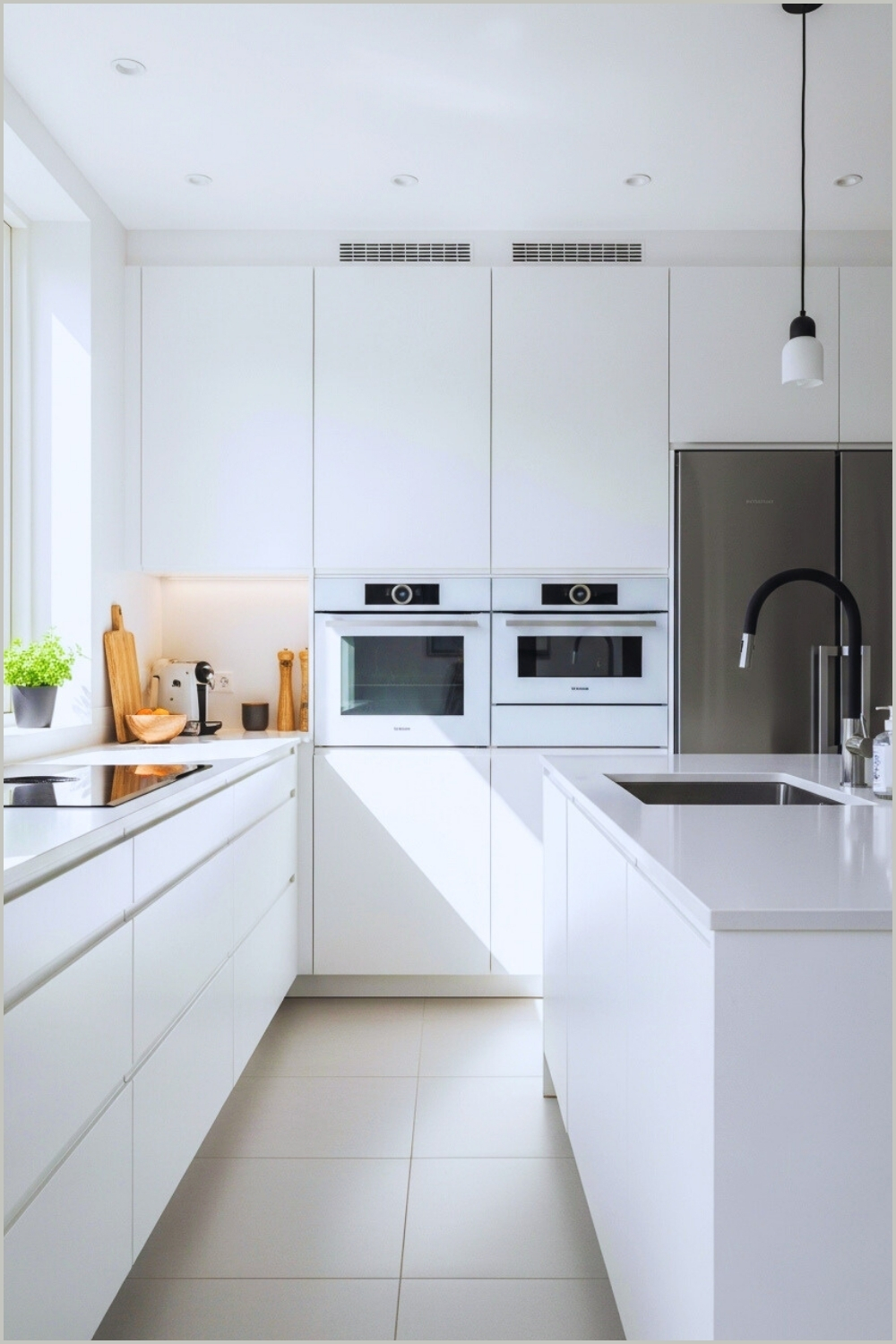 Modern Minimalist Kitchen All White Cabinets Sleek Built In Appliances Under