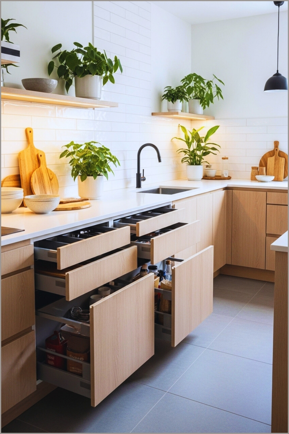 Modern Minimalist Kitchen Light Wood Cabinets White Countertops