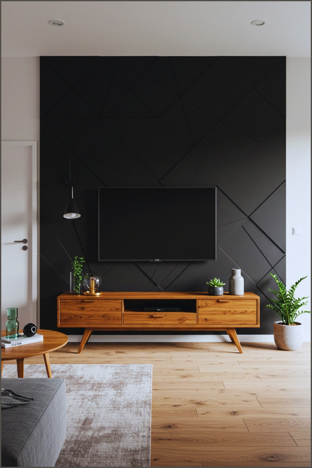 Modern Minimalist Living Room, Black Geometric Accent Wall With Mounted Tv
