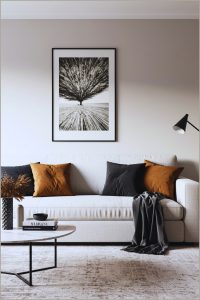 Modern Minimalist Living Room, Clean White Sofa, Black And Brown Velvet Pillows